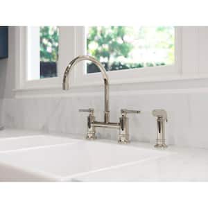 Port Haven 2-Handle Bridge Kitchen Faucet in Polished Nickel with Optional Side Sprayer