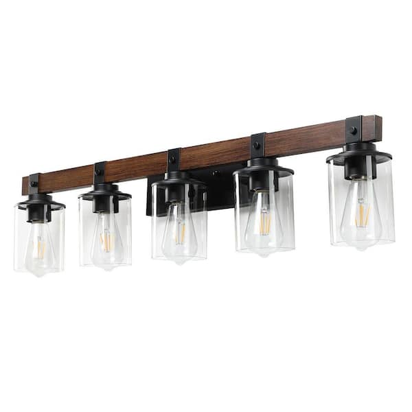 Farmhouse 34.6 in. 5-Light Walnut and Black Bathroom Vanity Light with Glass Shade