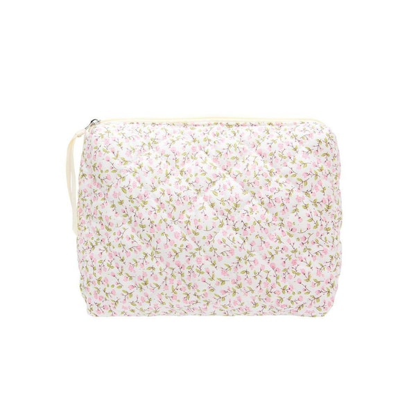 Floral Pink Quilted Makeup Toiletry Bag Large Travel Zipper Soft Cosmetic Pouch for Women Girls