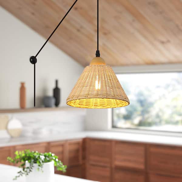SUNLLOK Industrial 8.66 in. 1-Light Kitchen Island Bamboo Shade Plug in Pendant Light with 2 Bases and Switch, E26 Base