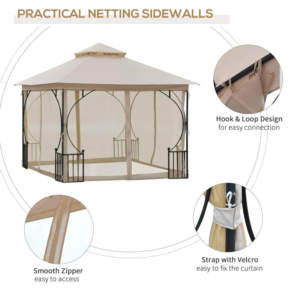 Beige 10' x 10' Steel Frame Patio Gazebo with Mesh Netting