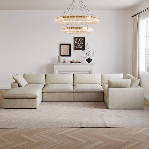 J&E Home 157.32 in. Square Arm 6-piece Linen Down Sectional Sofa