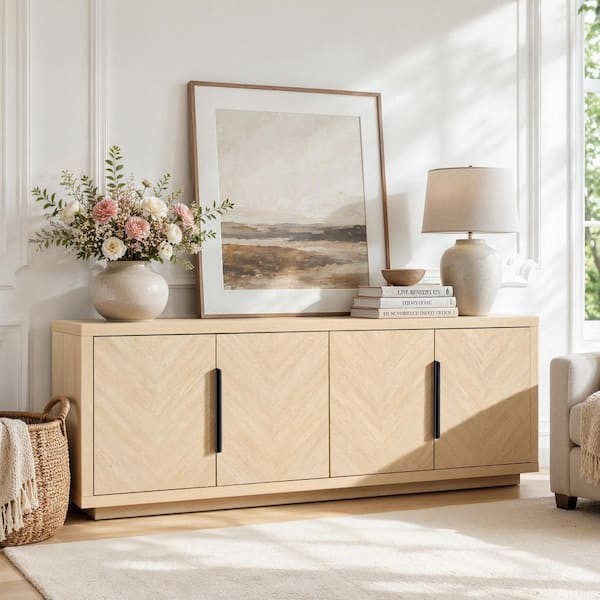72 in. Natural TV Stand with 4-Doors, Holds up to 65 in. TV, Storage Cabinet with Adjustable Shelves for Living Room