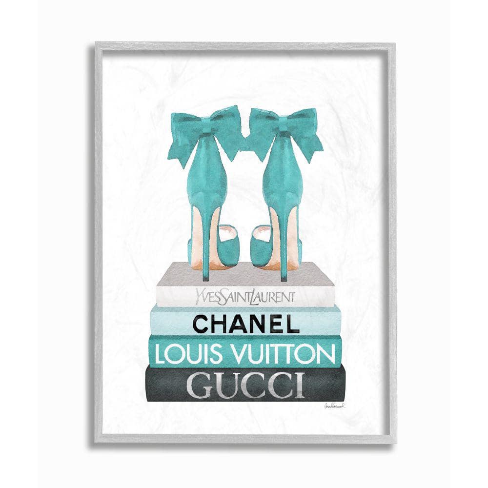 Turquoise Bow Heels on Books Abstract Canvas Print with Gray Frame