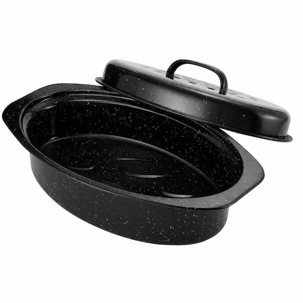 5.8 qt. Granite Oval Roasting Pan Enameled Roasting Pan with Domed Lid Porcelain Broiler Pan Great for Turkey Chicken