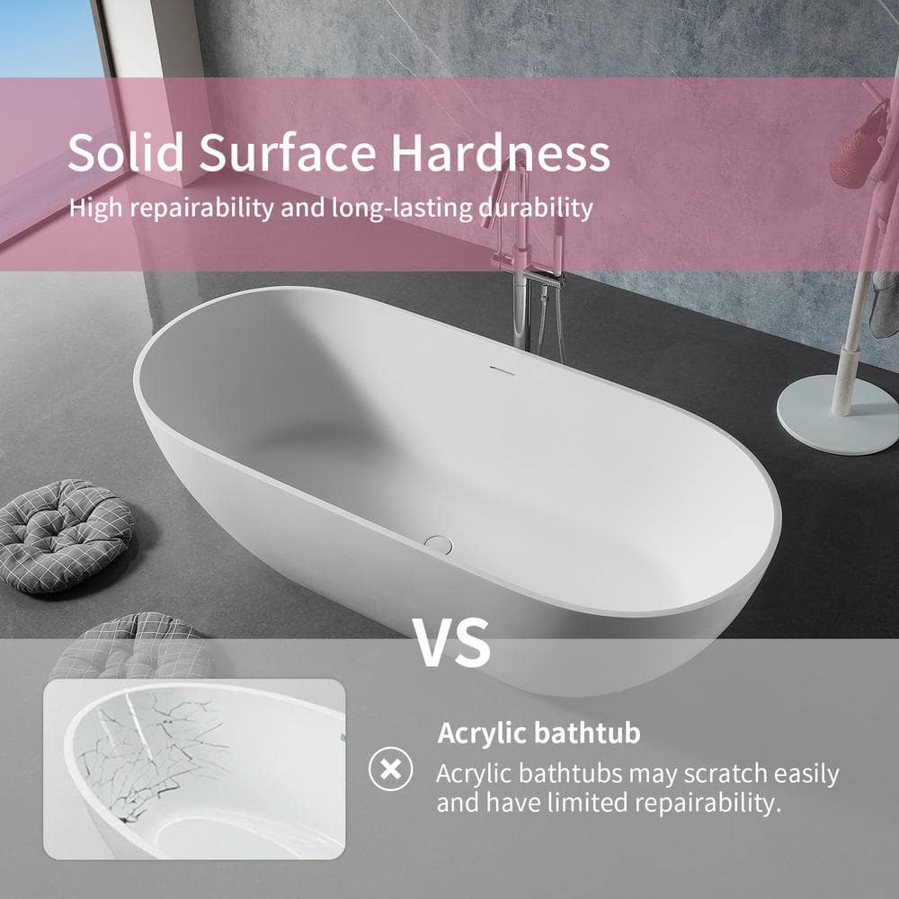 59" White Acrylic Freestanding Soaking Bathtub with Drain