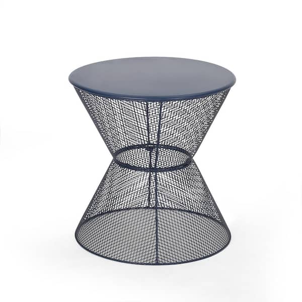 Zeus & Ruta 17 in. Dia x 18 in. Height Navy Blue Metal Outdoor Round Side Table for Garden, Lawn, Balcony, Porch