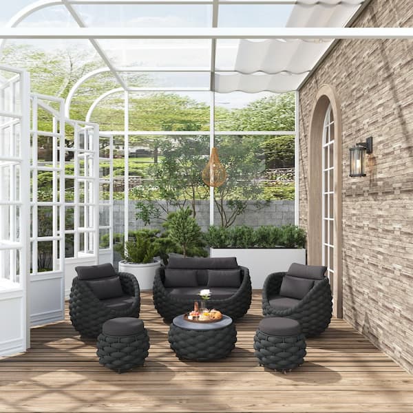 Black 6-Pieces Woven Aluminum Outdoor Patio Sectional Set with Ottomans, Double Seater Sofa and Dark Gray Cushions
