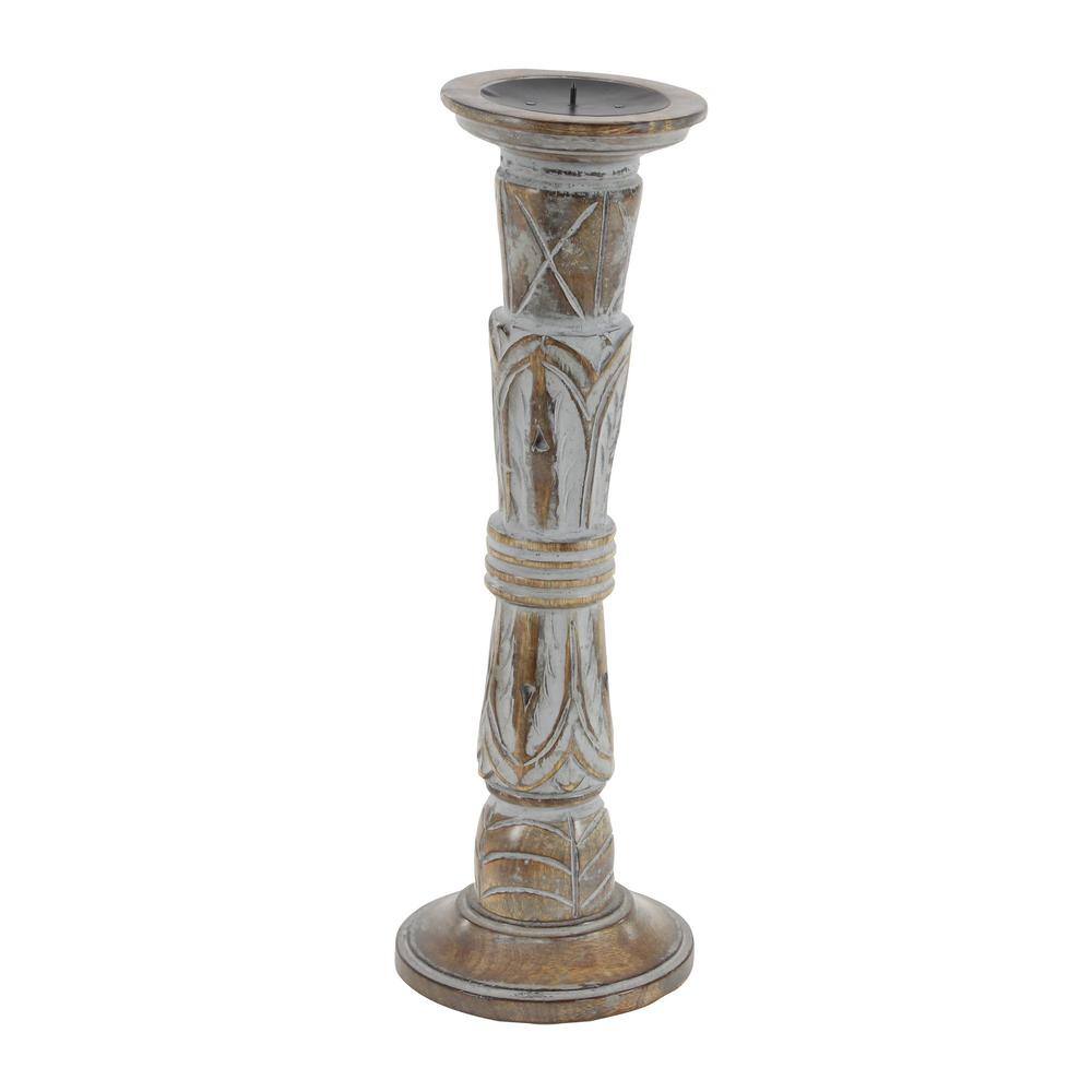 Light Brown Mango Wood Pillar Candle Holders, Set of 3