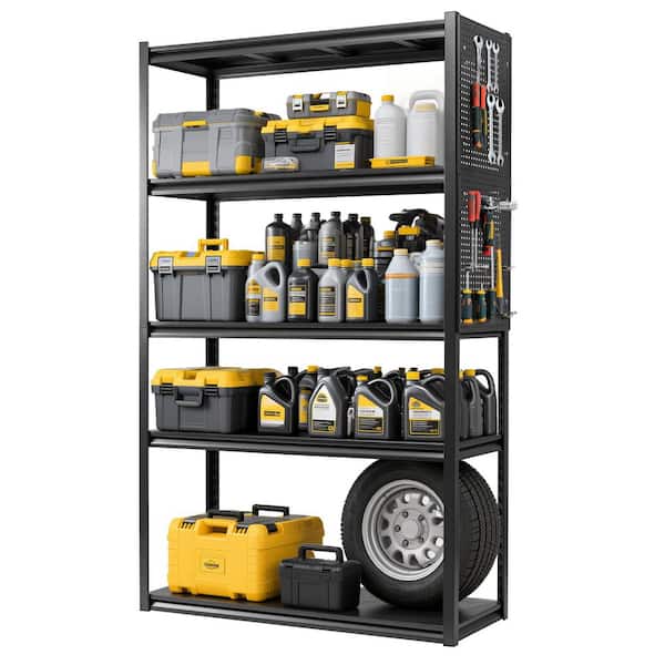 5-Tier Heavy Duty Steel Adjustable Storage Rack in Black with Pegboard (47.2 in. W x 72 in. H x 23.6 in. D)