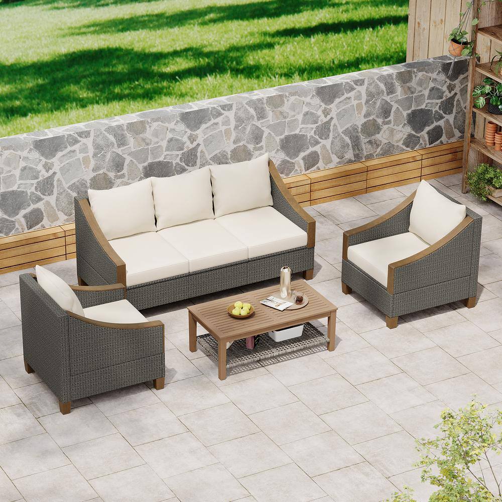 4-Piece Wicker Outdoor Sectional with Wooden Coffee Table and Grey Cushions
