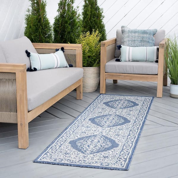 Eco Floral Blue 2 ft. x 8 ft. Indoor/Outdoor Runner Rug