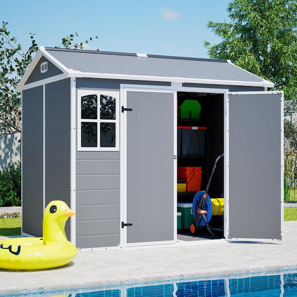 8 ft. D x 6 ft. W Outdoor Storage Shed, Resin Sheds with Floor and Lockable Doors for Garden Tools, Gray(48 sq. ft. )