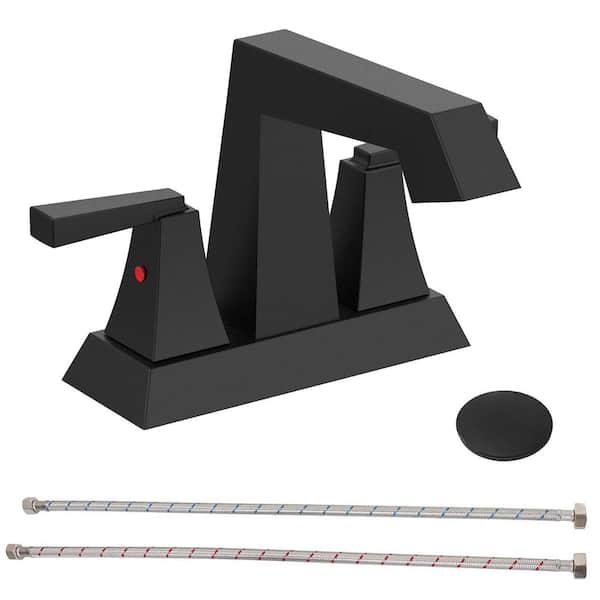 4 in. Centerset Double Handle Deck Mount Bathroom Sink Faucet with Drain Kit in Matte Black