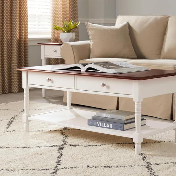 Stylewell Twick Rectangular Ivory Wood 2 Drawer Coffee Table With Walnut Finish Top 44 09 In W X 19 H Ct 1012 I Stylewell Twick Rectangular Ivory, Ivory Coffee Table With Storage
