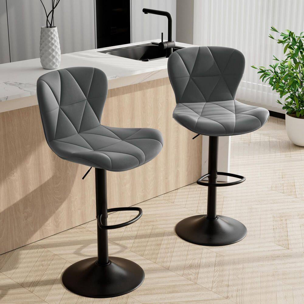 46 in. H Modern Gray Microsuede Height Adjustable Metal Bar Stool with High Back and Footrest Set of 2