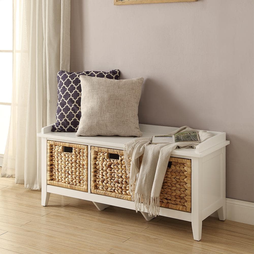 White Wood and Rattan Storage Bench with Drawers