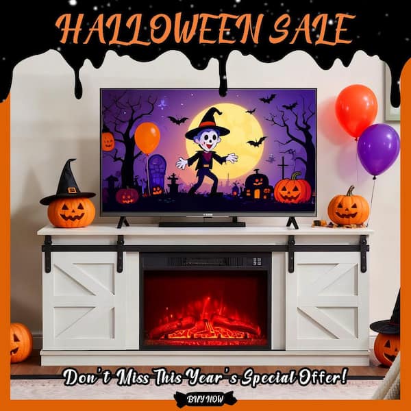 58 in. W Freestanding Electric Fireplace TV Stand with Farmhouse Sliding Barn Doors in White