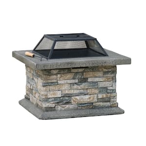 29 in. W x 17.1 in. H Stone Square Wood Burning Outdoor Fire Pit in Gray