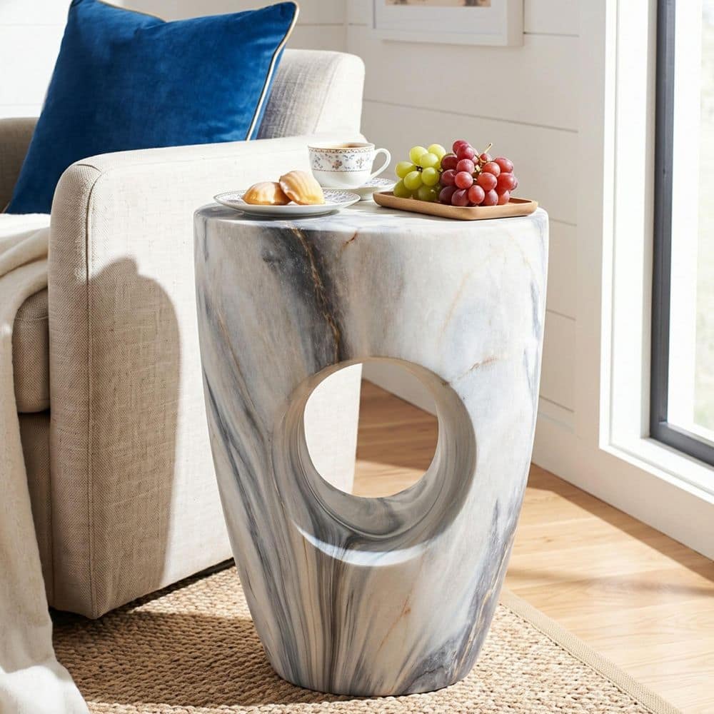 Modern Patio Blue Marble Finish Round MGO (Stone) Indoor and Outdoor Side End Table with Cutout Accent price history on PriceWatchPro