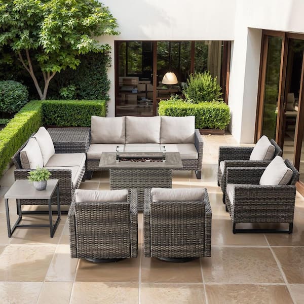 U-Series 9-Piece Outdoor Gray Wicker Sofa PE Rattan Wicker Patio Conversation Set with Cushion Guard Cushions (Beige)