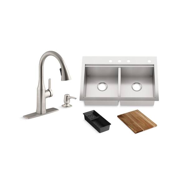 Lyric Workstation 33 in. Dual Mount Stainless Steel Double Bowl Kitchen Sink with Rubicon Kitchen Faucet Lyric Workstation 33 in. Dual Mount Stainless Steel Double Bowl Kitchen Sink with Rubicon Kitchen Faucet