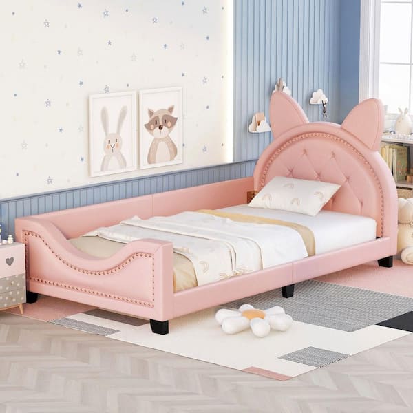 anpport Pink Twin Size PU Leather Daybed with Carton Ears Shaped Headboard