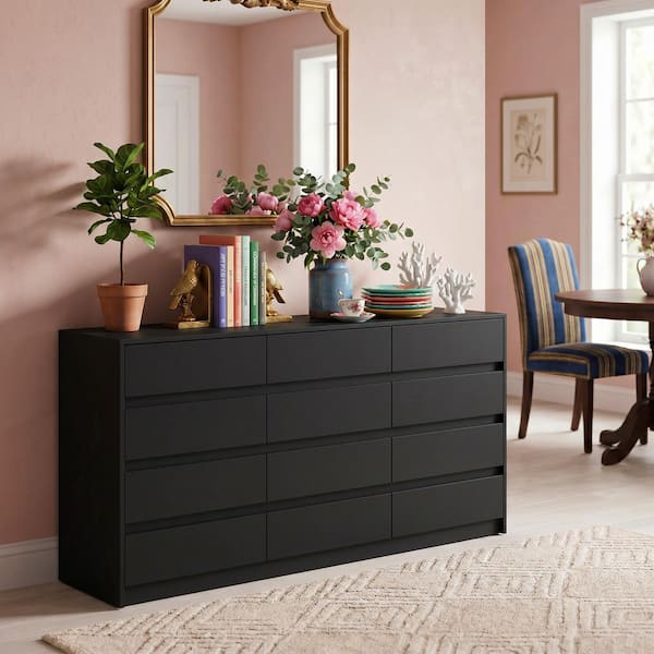Black 12 Drawers 63 in. W x 32 in. H Wooden Dresser without Mirror, Chest of Drawer, Storage Cabinet for Bedroom Storage