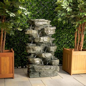 39 in. Tall Outdoor Multi-Tier Rock Water Fountain with LED Lights