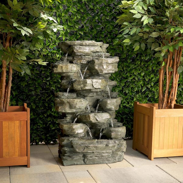 39 in. Tall Outdoor Cascading Rock Water Fountain with Multi-Tier Design and LED Illumination, Green