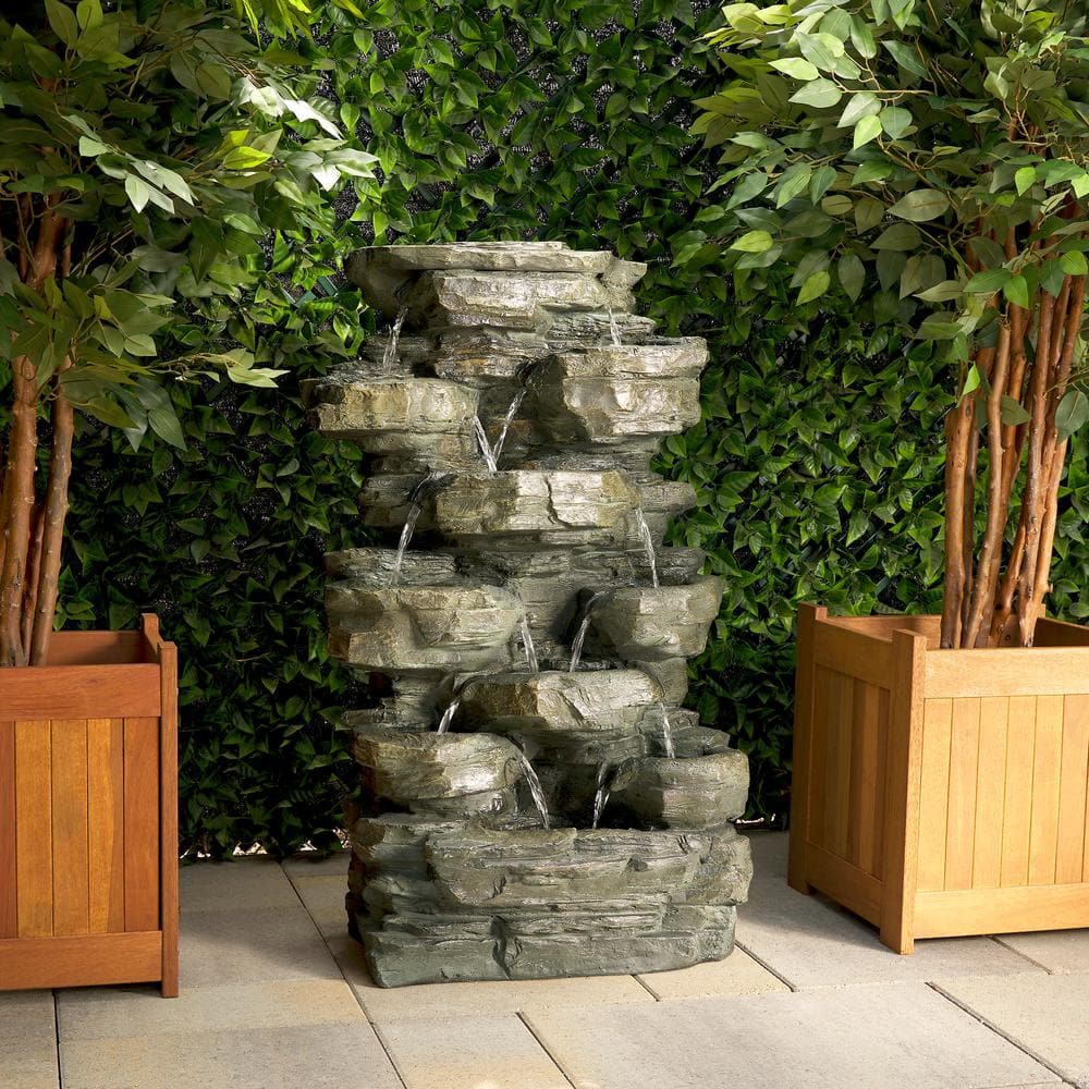Gray Stone 39" Solar Powered Tiered Rock Fountain with LED Lights