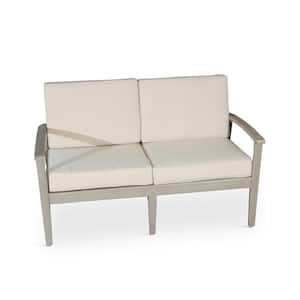Outdoor Gray Wood Dining Bench, 53 in. W Patio Loveseat with White Cushions, Arms