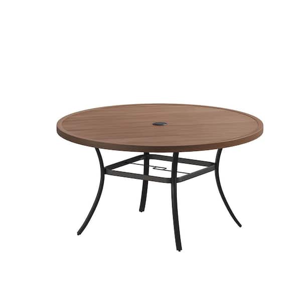 53 in. Round Tabletop Metal Outdoor Dining Table, Patio Table with Umbrella Hole for Garden Backyard Lawn, Walnut