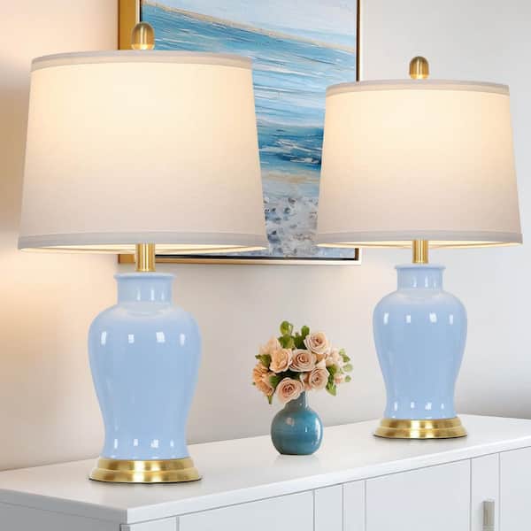 23 in. Ceramic Blue No Dimmable Table Lamps Set with Gold Finishes White Drum Shades Warm White LED Bulb (Set of 2)