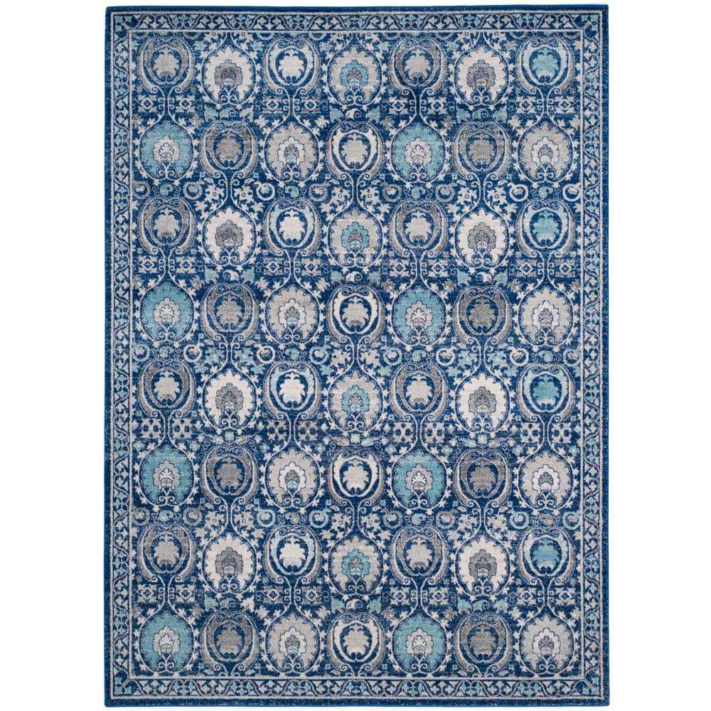 Blue and Ivory Floral High Pile Synthetic Area Rug 8' x 10'