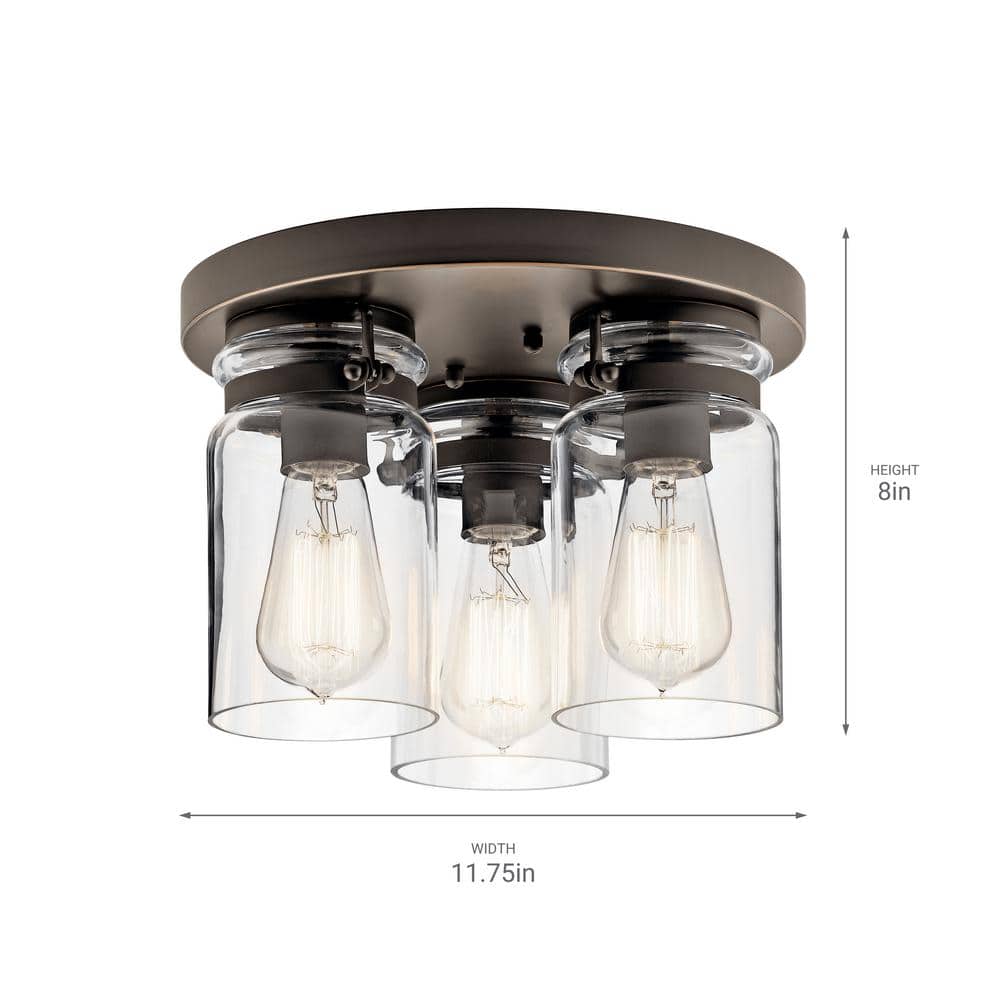 Brinley 11.75" 3-Light Clear Glass Bronze Flush Mount