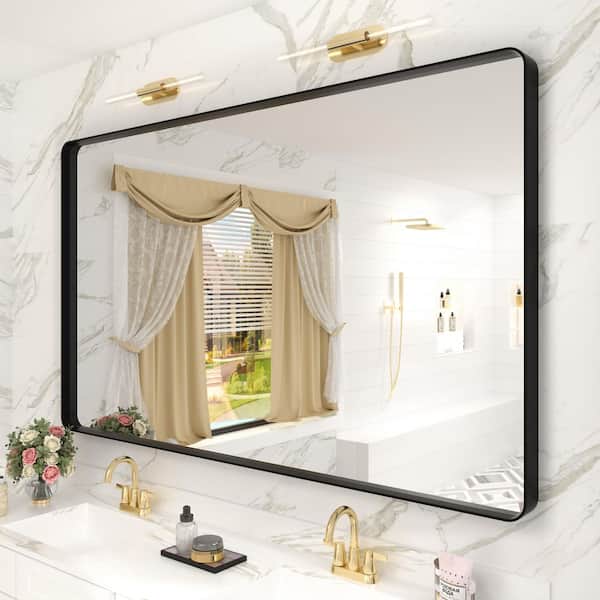 Apmir 60 in. W x 36 in. H Rectangular Aluminum Alloy Framed and Tempered Glass Wall Bathroom Vanity Mirror in Matte Black