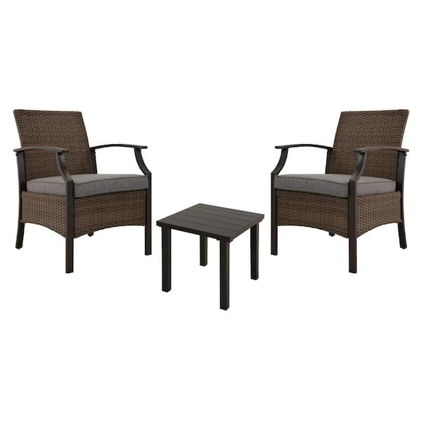 Clihome 3-Piece Patio Set Outdoor Wicker Furniture Set Bistro Rattan Chair Conversation Sets w Coffee Table and Gray Cushions