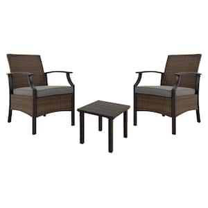 3-Piece Patio Set Outdoor Wicker Furniture Set Bistro Rattan Chair Conversation Sets w Coffee Table and Gray Cushions