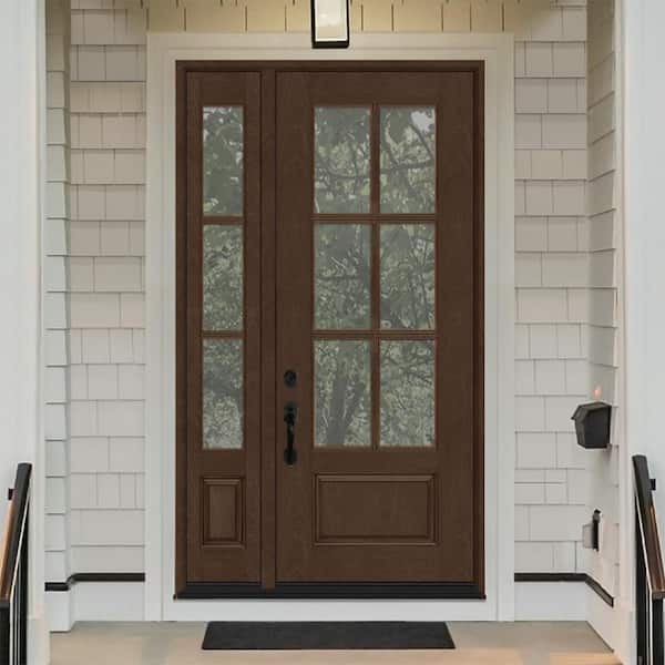 Regency 51 in. x 96 in. 3/4-6 Lite Clear Glass RH Hickory Stain Mahogany Fiberglass Prehung Front Door w/12in.SL