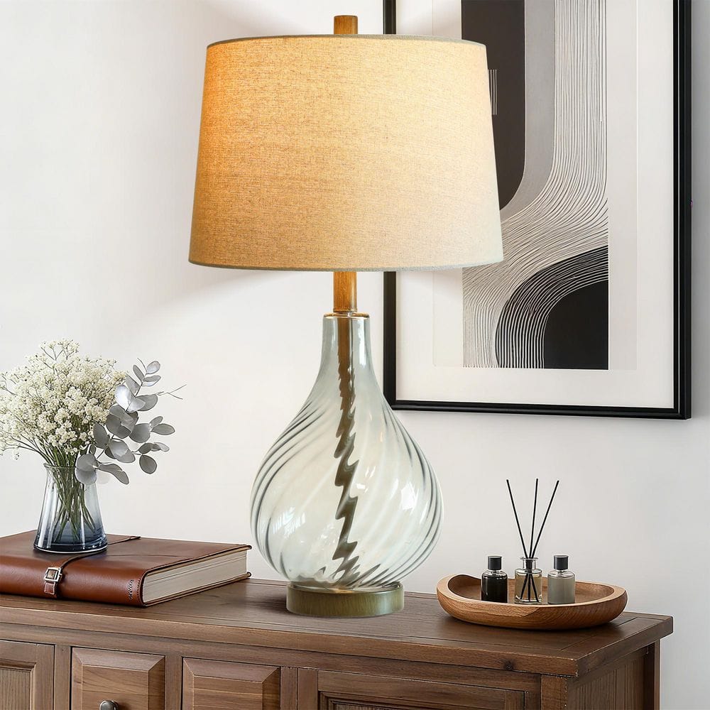 Rottogoon 28 in. Clear Spiral Glass Table Lamp with Beige Linen