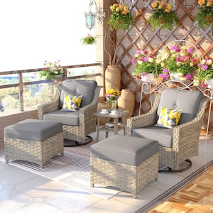Eureka Grey 5-Piece Modern Wicker Outdoor Patio Conversation Swivel Rocking Chair Seating Set with Dark Grey Cushions