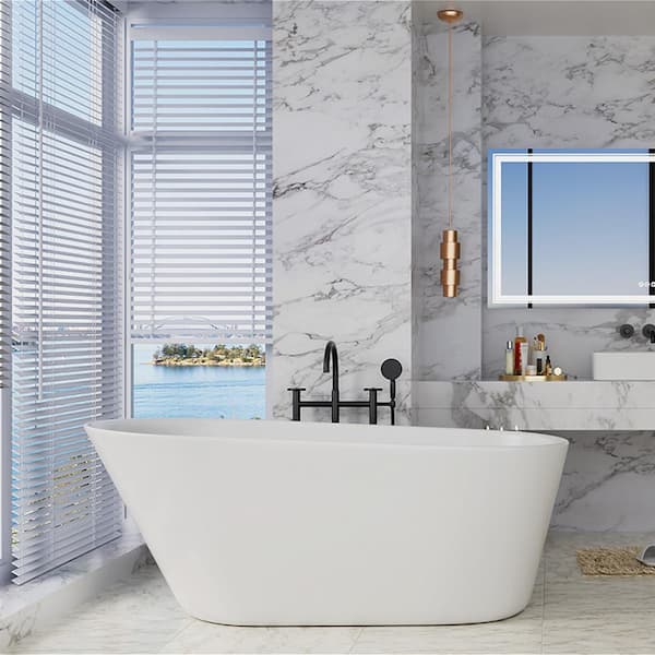 INSTER VELA 65 in. Modern Luxury Acrylic Freestanding Flatbottom Single Slipper Non-Whirlpool Soaking Bathtub in White