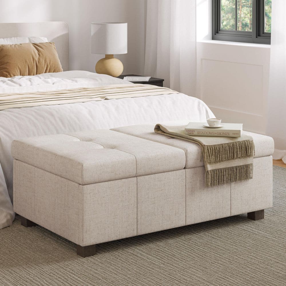 Beige Tufted Double Storage Ottoman with Solid Wood Legs
