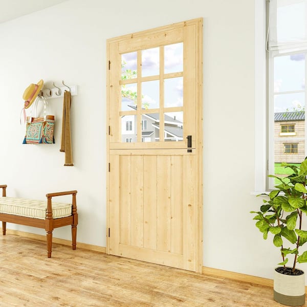 36 in. x 80 in. Solid Pine Universal 9-Lite Clear Glass Unfinished Wood Prehung Front Door Dutch w/Quick Assemble Jamb