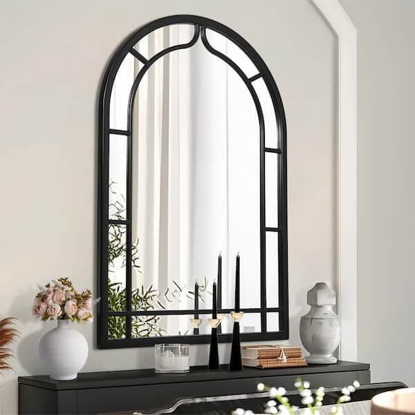 31.5 in. W x 47.2 in. H Arched Black Windowpane Wall Mirror with Wood Frame, Decorative Farmhouse Accent for Entryway