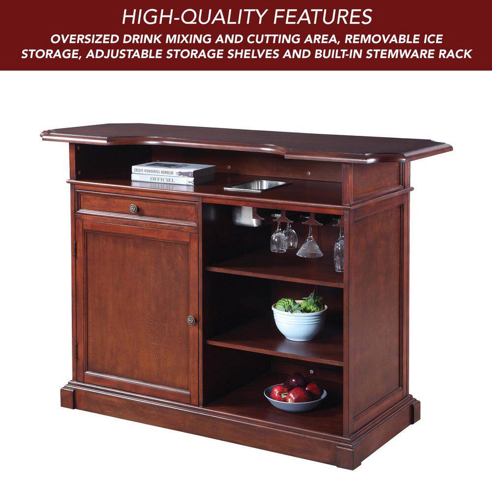 Mahogany Finish Poplar Wood Home Bar with Storage and Shelves