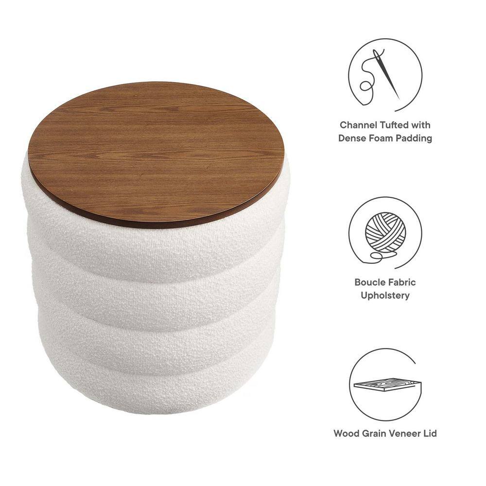 Cloud Boucle Fabric Round Storage Ottoman with Wood Grain Veneer Lid