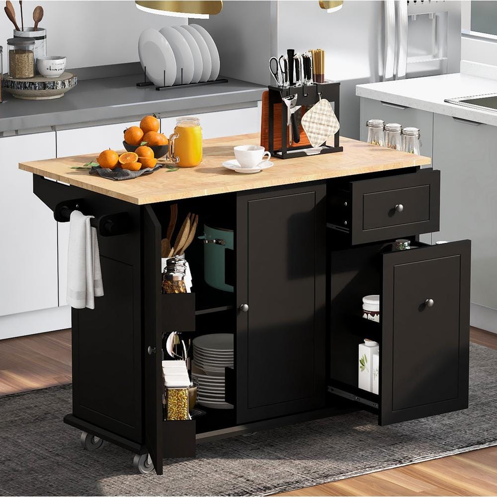 ARTCHIRLY Black Rubber Wood Top 53.9 in. Kitchen Island with Drop Leaf ...