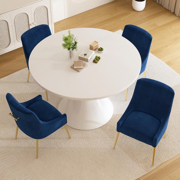 Boyel Living 5-Piece Round White MDF Top Table Set Seats 4 (4-Navy Blue Dining Chairs)